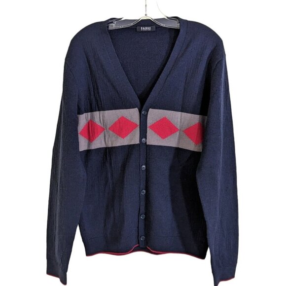 Farhi Wool Cashmere Cardigan Sweater Mens Large Blue Diamond Print Button Front - Picture 1 of 4